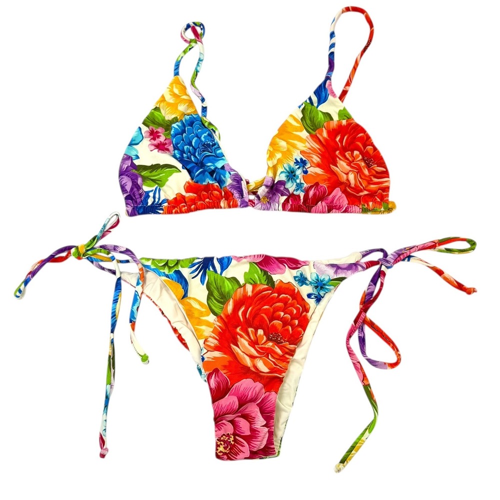 NWT Farm Rio Bikini Set Triangle and Side Tie Bottoms Rainbow Floral Sz M Brazil